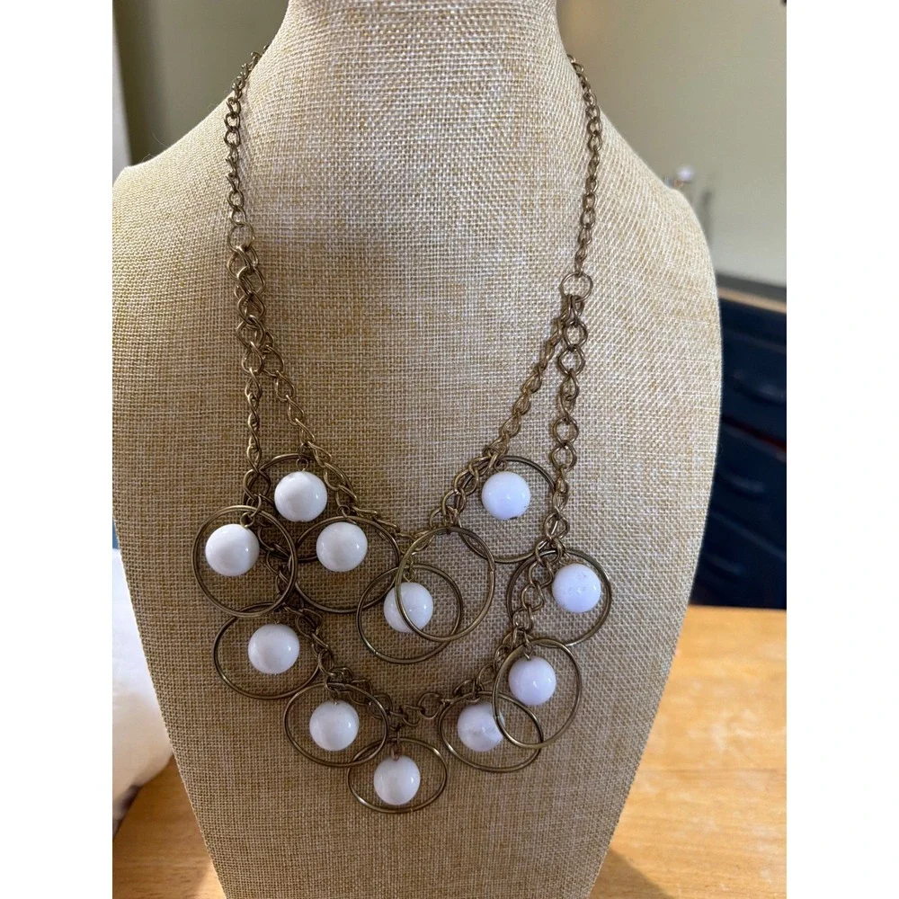 Antique Brass White Orb  Geometric Circle Tiered Statement‎ Bib Necklace Chucky